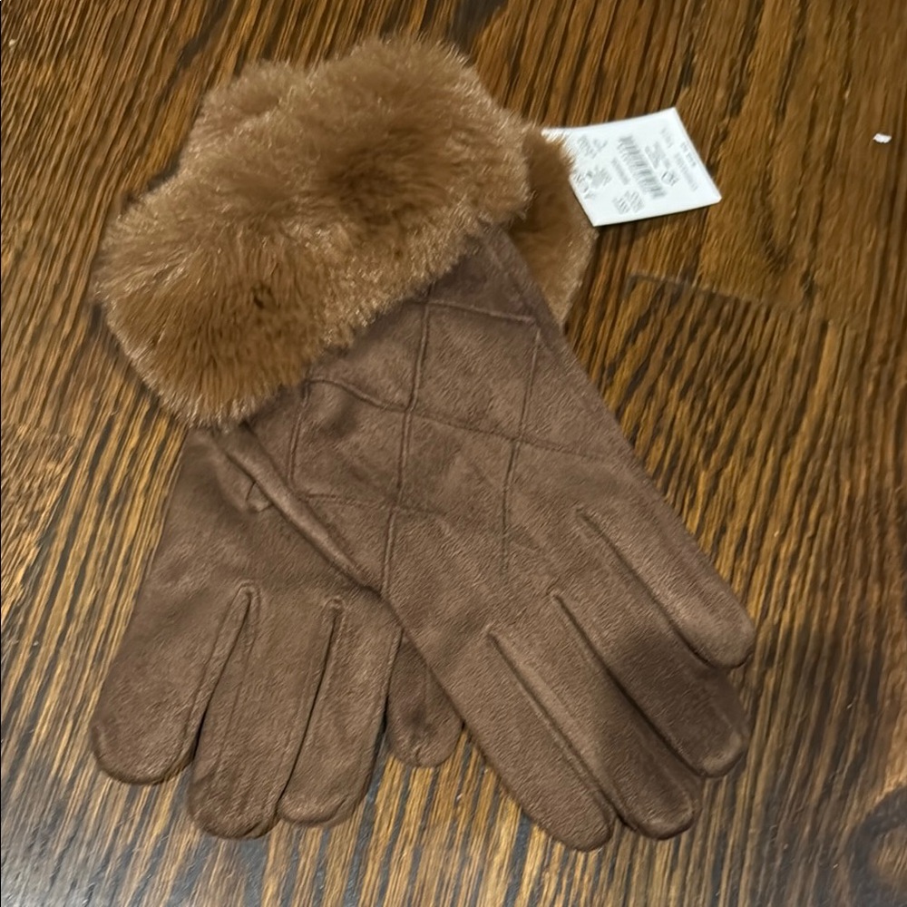 **J. Crew Brown Quilted Fur-Trimmed Gloves**